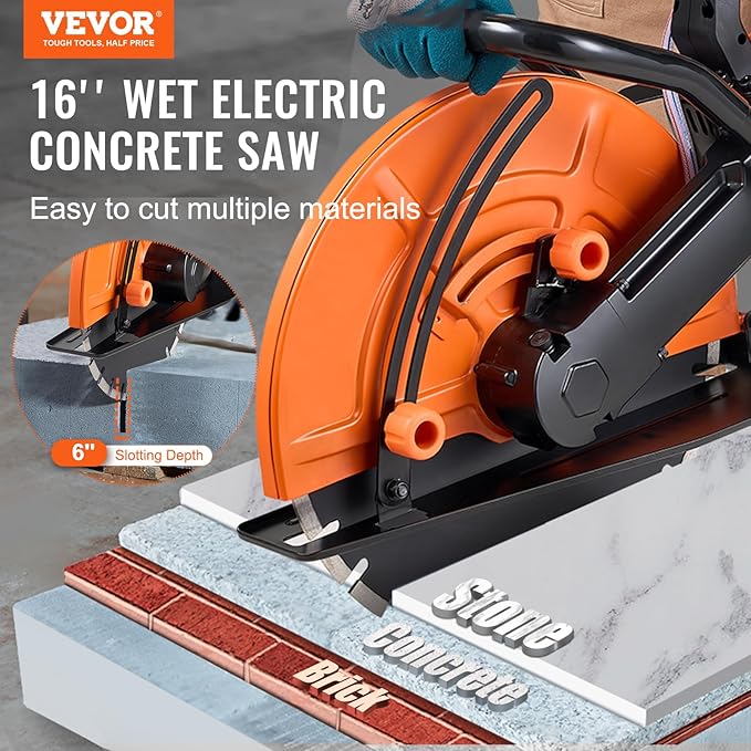 VEVOR Electric Concrete Saw, 16 in, 3200 W Motor Circular Saw Cutter with Max. 6 in Adjustable Cutting Depth, Wet Disk Saws Cutter Includes Water Line, Pump and Blade, for Stone, Brick