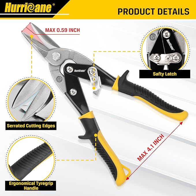 HURRICANE 10 Inch Aviation Tin Snips, Heavy Duty Metal Cutter Shears for Cutting Sheet Metal, Straight Cut, Chrome Vanadium Steel