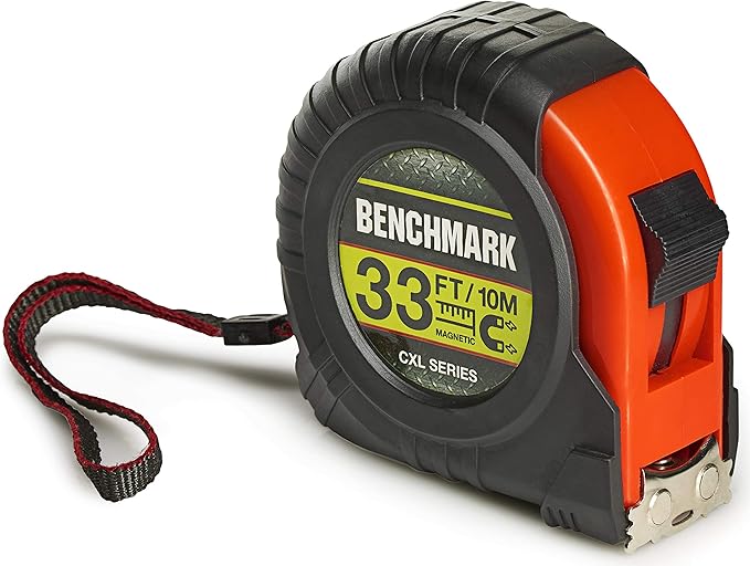Benchmark - 3 PACK - 33 Foot (10 Meter) Tape Measures with Inches & Centimeters. Autowind, Belt Clip and Large Magnetic Claw Tip.