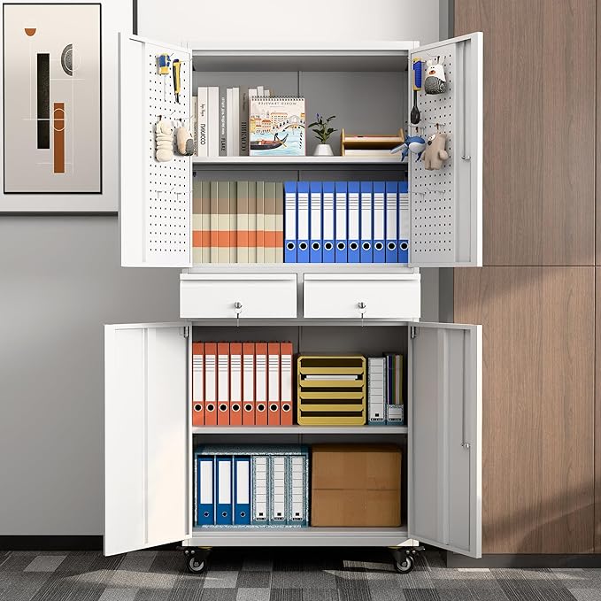 71" H Metal Garage Storage Cabinet with Wheels and Doors,Rolling Tool Cabinet with Pegboard and 2 Lockable Drawer for Garage Warehouse Home,Required Assembly,Grey and White
