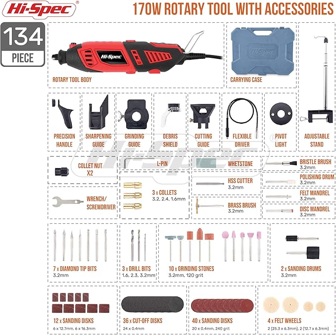 Hi-Spec 134pc 160W Corded Power Rotary Tool Kit Set with Dremel Compatible Bit Accessories. Drill, Cut, Trim, Grind, Engrave and Sand in DIY Repairs, Hobbies & Craft Projects