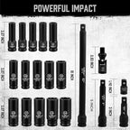 HORUSDY 1/2" Drive Impact Socket Set, 20 Pcs Metric (10mm - 24mm) Deep Socket Set, 6 Point, Cr-V, Includes 1/2-Inch Drive Ratchet Handle, Extension Bar, Universal Joint and Adapter