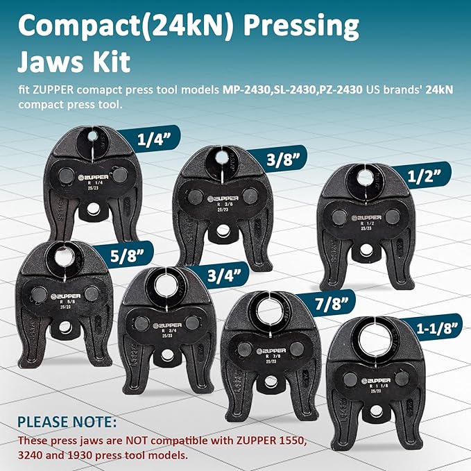 7PCS Compact Press Jaws Kit 1/4" to 1 1/8" for RLS ACR Copper Pipes Compatible with Compact Pro Press Tool (24 kN/5,400 lbs) Suitable for HVAC/R, Refrigeration Pressing Tools