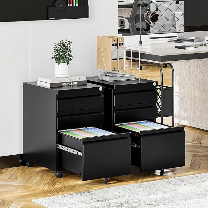STANI 3 Drawer Mobile File Cabinet with Lock Under Desk Metal Filing Cabinet Locking Office Mobile Cabinet with Wheels Under Desk Office Drawers Rolling Mobile File Cabinet Assembly Required Black