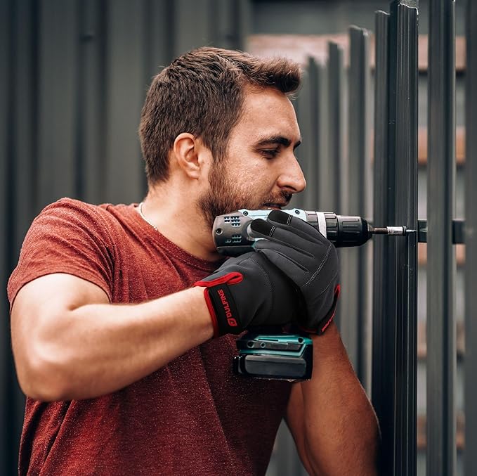 DULFINE Flex Grip Mechanic Work Gloves for Men,Black and Red Utility Safety Working Gloves Touch Screen,Excellent Grip,Ideal for Working on Cars and Outdoor Jobs(Medium)