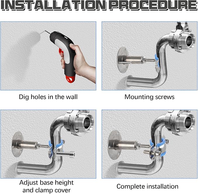 12 Pcs 304 Stainless Steel Wall Mount Ceiling Mount Pipe Supports Bracket, Suitable for OD 3/4"(25-28mm), Adjustable Height 50-100mm, Adjustable Pipe Strap Clamp with Screws and Screwdriver