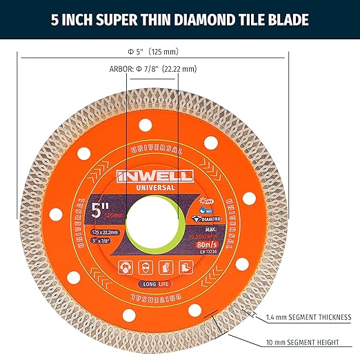 5 Inch Diamond Saw Blade, 2 Pack - Mesh Turbo Cutting Wheel for Tile, Porcelain, Ceramic, Granite, Marble - 10mm Segment, Super Thin 1.4mm, 7/8" Arbor with Flange - Dry or Wet Cutting