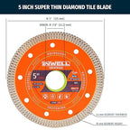 5 Inch Diamond Saw Blade, 2 Pack - Mesh Turbo Cutting Wheel for Tile, Porcelain, Ceramic, Granite, Marble - 10mm Segment, Super Thin 1.4mm, 7/8" Arbor with Flange - Dry or Wet Cutting