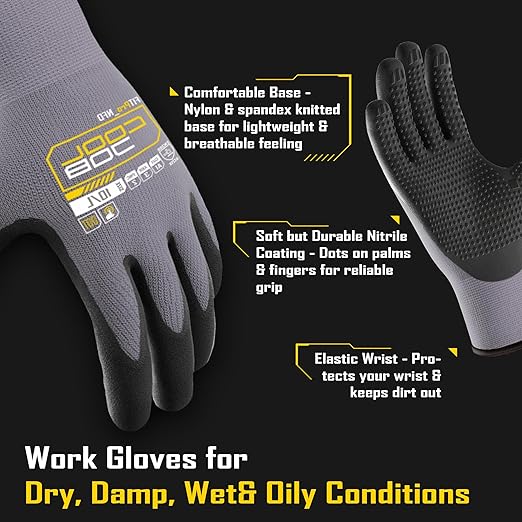 COOLJOB 6 Pairs Nitrile Rubber Coated Nylon Safety Work Gloves Pack Bulk, Dotted for Non-Slip Grip, Breathable Soft Seamless Knit Nitrile Dipped Gloves for Warehouse, Home Improvement, Yard, Medium