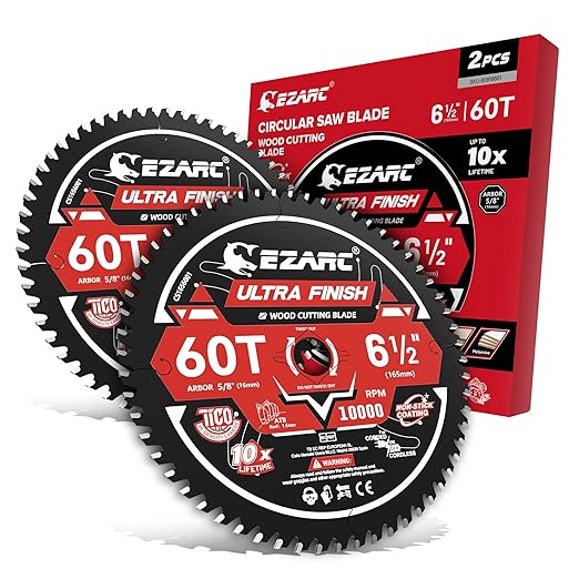 EZARC 6-1/2 Inch Circular Saw Blades 60T - Ultra Finish Wood Cutting Blade, Ultra-Thin 1.5mm Kerf, Non-Stick Coating, 2 Pack