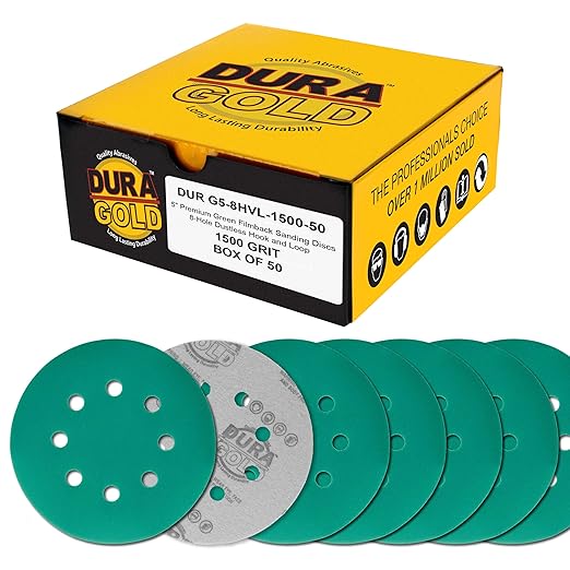 Dura-Gold Premium 1500 Grit 5" Green Film Sanding Discs, 8-Hole Pattern, Box of 50 - Dustless Hook & Loop Backing Sandpaper for DA & Random Orbital Sander, Detail Color Sand Auto Paint Wood Furniture
