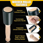 Precision 15oz Wood Carving Mallet for Woodworking, Ergonomic Wooden Handle Reduces Hand Fatigue, Non Marring Urethane Head Protects Wood Carving Chisels, Wooden Mallet