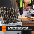 KENDO 29PC Drill Bit Set, 1/16"-1/2" Size 135° Tip HSS with Black and Gold Finish with Storage Case, Twist Jobber Length Drill Bit Kit for Cast Iron, Hardened Metal, Stainless Steel, Plastic and Wood