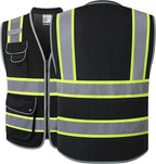 JKSafety 9 Pockets Hi-Vis Black Safety Vest for Men Women High Visibility Reflective Construction Mesh Fabric Cushioned Collar Work Utility PPE Work Gear ANSI/ISEA compliant (101-Black XL)