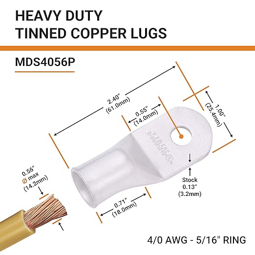 SELTERM 2pcs 4/0 AWG 5/16" Stud Tinned Copper Wire Lugs, Battery Cable Ends, Ring Terminals, 0000 Gauge Terminal Connectors, UL Marine Grade Electrical Connectors