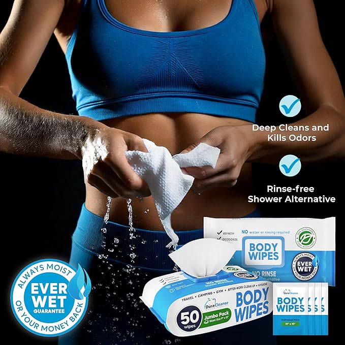 Dura Cleanse Body Wipes for Adults Bathing No Rinse (2 Pack) 100 XL Shower Wipes + 8 Travel Bath Sheets - 9" x 12" Extra Thick Adult Disposable Washcloths for Elderly Incontinence & Camping Essentials