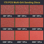 170 Pcs 5 Inch Sanding Discs, 8-Hole Hook and Loop Round Sandpaper for Random Orbital Sander 40 60 80 120 150 240 320 400 600 Grit