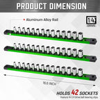 ALOANES 3-Piece Magnetic Socket Organizer, Heavy Duty Aluminum Socket Rails Organizer, 360° Swivel Clips Socket Holder Kit for Tool Box, 1/4-Inch Socket Holder x 42 Clips (Green)