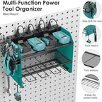 CCCEI Set Power Tool Organizer Wall Mount with Charging Station. Garage 4 Drill Storage Shelf with Hooks, Heavy Duty Metal Tool Battery Charger Organizer. Shop Utility Rack with Power Strip Navy Blue.