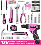 DOWELL 147 Pcs Pink Tool Kit with 12V Cordless Drill with 3/8" Keyless Chuck for Women, Home, Men, Built-in LED, Type-C Charge Cable