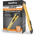 Nicpro 15 PCS Utility Knife Box Cutters Retractable Razor Knife 9mm with 30 PCS Extra Snap Off Blades for Lightweight Office, Home, Arts Crafts, Hobby