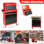 5-Drawer 2 in 1 Rolling Tool Chest, Tool Storage Cabinet w/Drawers, Wheels, Detachable Top, Mechanic Tool Organizer Box for Garage, Workshop, Warehouse Red & Black Durable Lockable