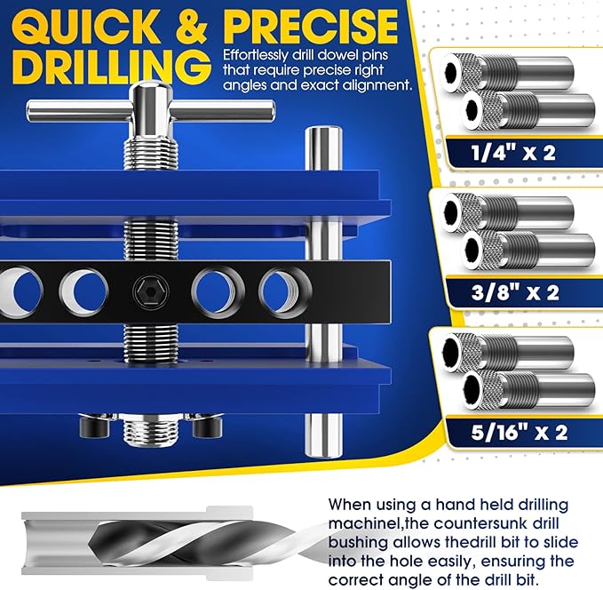 Self Centering Doweling Jig Kit, Drill Jig For Straight Holes Biscuit Joiner Set With 6 Drill Guide Bushings, Adjustable Width Drilling Guide Power Tool Accessory Jigs (Blue)