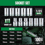 SK 1/2" Drive Socket Set, Metric Sockets, 11-Piece 10-20mm, SuperKrome Finish, Preminum CR-V Construction, with Aluminum Socket Organizer