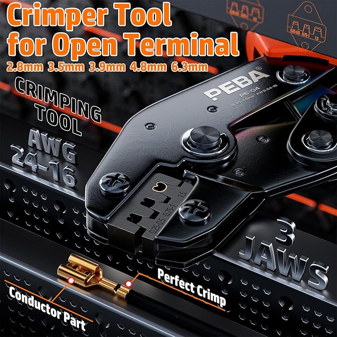 PEBA Open Terminal Connector Crimping Tool Kit, 10 Types Quick Splice Wire Spade Connector, Crimper AWG 24-14 for 2.8mm 3.5mm 3.9mm 4.8mm 6.3mm Pin Terminals, Use on Molex 2.13mm 2.36mm, AMP-TE