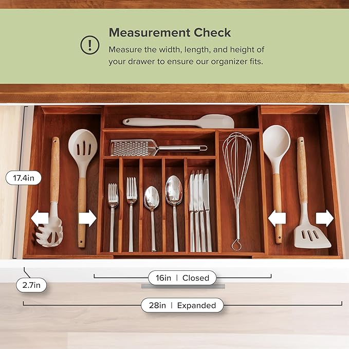 Premium Silverware, Flatware and Utensil Organizer for Kitchen Drawers, Food-Safe Contract Grade, Expandable from 16 to 28 In, Natural Acacia