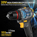 Brushless Compact Drill Tool Set, 60N.m 20V Cordless Drill Tool Box with 2 Battery, 135Pcs Man Household Combo Set with DIY Hand Taladros Kits, 531 In-lb Kit with Drill for Daily Home Repair