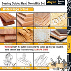 5Pcs Bearing Guided Bead Ovolo Bit Set,1/2" Shank Double Ribbed Ovolo Bits with Twin Arc,Rounding Over Radius 1/8”,5/32",9/32",5/16" and 3/8" for Wood Edging,Profiling,Molding