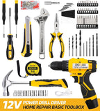 DOWELL 147 Pcs Tool Kit with 12V Cordless Drill with 3/8" Keyless Chuck for Home, Men, Built-in LED, Type-C Charge Cable