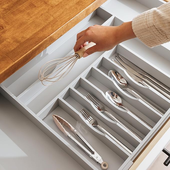 Premium Silverware, Flatware and Utensil Organizer for Kitchen Drawers, Food-Safe Contract Grade, Expandable from 18 to 33 In, Gray Bamboo