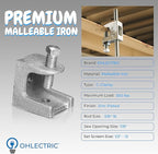 OhLectric Beam C Clamp - Malleable Iron - Zinc Plated Beam Clamp - Features 7/8" Jaw Opening - 1/2”-13 Set Screw Size And 300 lbs Max Load - Safety Beam Clamp - Supports 3/8”-16 Rods - OL-47761