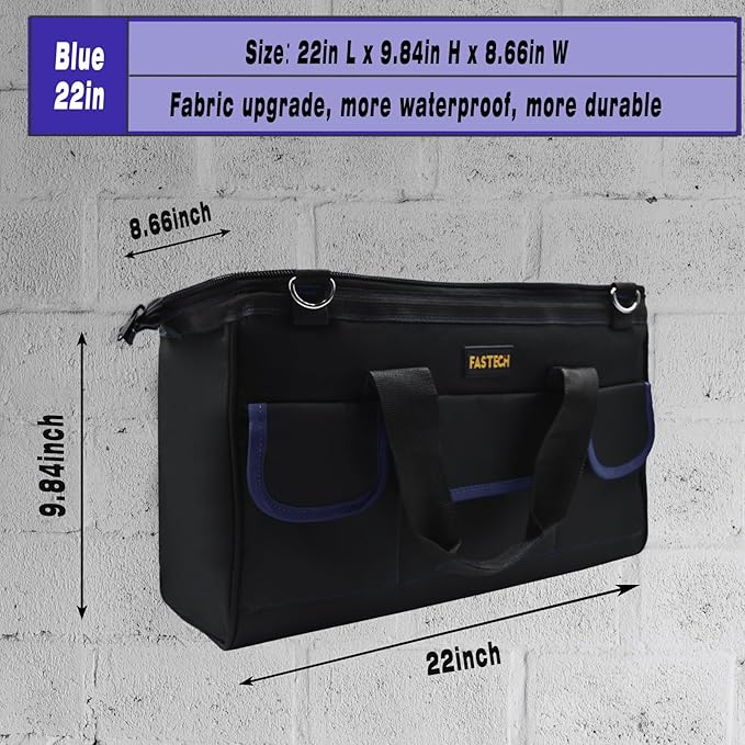 22 Inch Tool Bag, Waterproof Wide Mouth Tool Kit, Heavy Duty Tool Bag Organizer With Shoulder Straps, Tool Storage Package For Men/Women (22IN DarkBlue)
