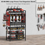 JUNNUJ Power Tool Organizer Floor Stand with Charging Station, Garage Adjustable Storage Rack Utility Tool Shelf with 8 Outlet Power Strip, Heavy Duty Drill and Battery Holder, Red