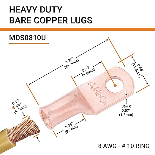 SELTERM 25pcs 8 AWG #10 Stud Battery Lugs, Ring Terminals, Heavy Duty Copper Wire Lugs, Battery Cable Ends, 8 Gauge Ring Terminal Connectors, UL Bare Copper Eyelets Electrical Battery Cable Lugs