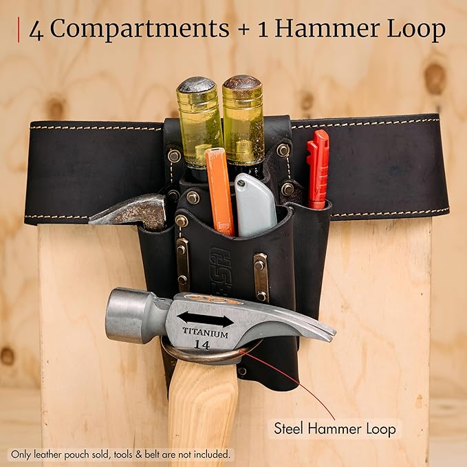 FESA Small Leather Tool Pouch - 5-in-1 Heavy Top Grain Leather Small Tool Pouch with a Steel Hammer Loop, 4 Pockets & Reinforced Heavy Duty Rivets - Fits Belts up to 3" - Handcrafted