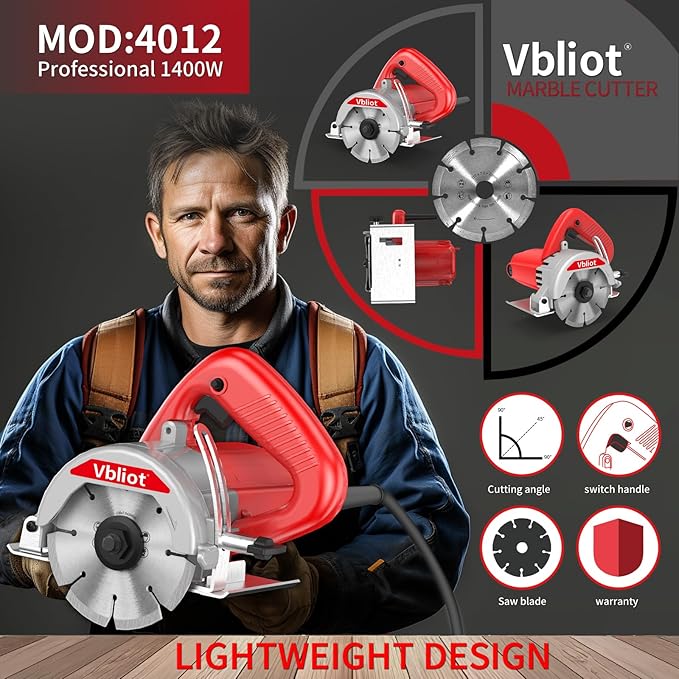4-3/8-Inch Tile Saw, 1400W 12A Concrete Wet Saw Handheld Cutting Carving Machine, Includes Carbon Brush Wrench Diamond Cutting Disc