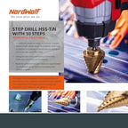 NordWolf HSS Titanium SAE Step Drill Bit, Spiral Groove Double Flute Unibit with 1/4" Hex Shank for Sheet Metal, 10 Imperial Step Sizes 1/4" to 1-3/8"