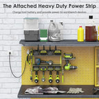 CCCEI Modular Power Tool Organizer Wall Mount Charging Station, Green 6 Drills Holder with 8 Plug Power Strip 6FT, Garage Drill Battery Heavy Duty Metal Shelf, Utility Rack with Hooks, Side Storage.