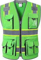 JKSafety 10 Pockets Hi-Vis Zipper Front Fluorescent Green Safety Vest | Cushioned Collar | High Reflective Tapes with Extended Neon Yellow Strips | Meets ANSI/ISEA Standards (Medium, 89-Green)