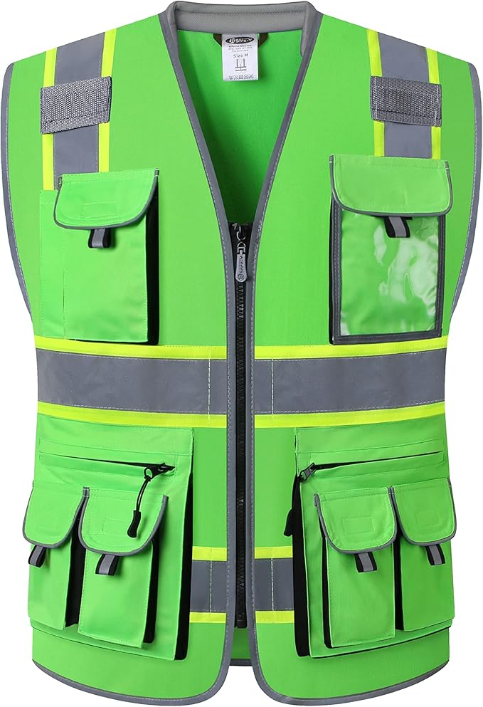 JKSafety 10 Pockets Hi-Vis Zipper Front Fluorescent Green Safety Vest | Cushioned Collar | High Reflective Tapes with Extended Neon Yellow Strips | Meets ANSI/ISEA Standards (Large, 89-Green)