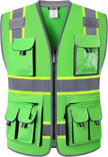 JKSafety 10 Pockets Hi-Vis Zipper Front Fluorescent Green Safety Vest | Cushioned Collar | High Reflective Tapes with Extended Neon Yellow Strips | Meets ANSI/ISEA Standards (X-Large, 89-Green)