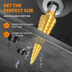 INTHEEND Step Drill Bit Set, 3 Pcs High Speed Steel Spiral Grooved Step Drill Bit for Metal Sheet Aluminum Wood Hole Drilling, 1/4" Hex Shank Step Bit for Faster Drilling 28 Size Cone Step Drill Bits