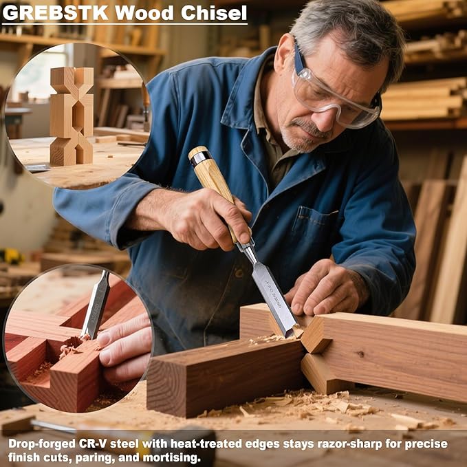 GREBSTK 4 Pcs Wood Chisel Set, CRV Steel Bevel Sharp Edge Bench Chisels with Safety Caps, Comfortable Oversized Solid Wood Handle, for Woodworking and DIY Projects, 11"x(1/4", 1/2", 3/4", 1")