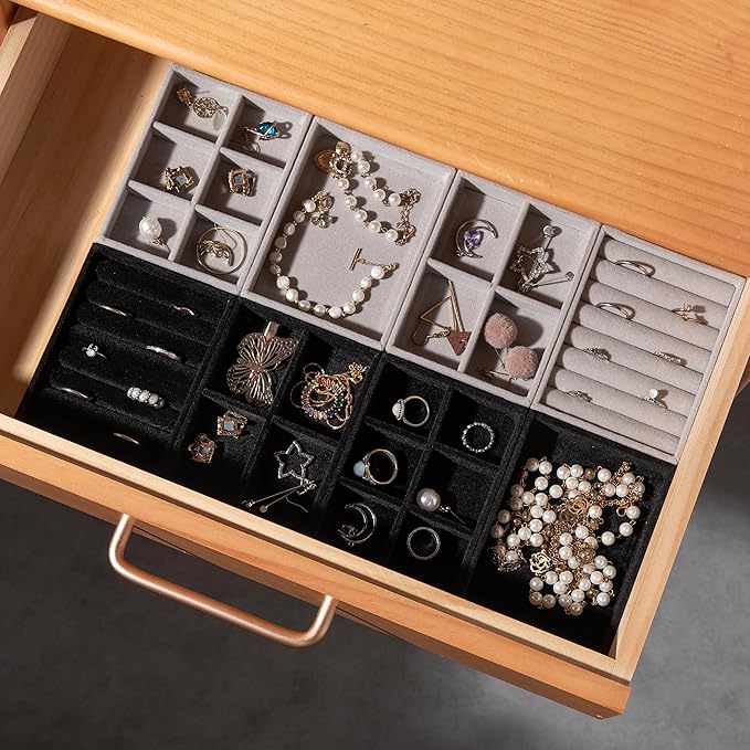 Frebeauty Small Jewelry Tray Set,Velvet Ring Organizer,Stackable Jewelry Organizer Tray,Mini Jewelry Drawer Organizer,4.92 x 3.74 x 0.9 Inches,7 Slots Ring Tray for Women(Set 2,Grey)