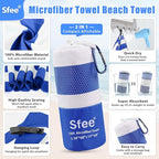 Sfee 2 in 1 Microfiber Beach Towel, Quick Dry Towel Travel Camping Towel Super Absorbent Compact Lightweight Sports Gym Towels Set for Beach, Gym, Hiking, Pool, Backpacking, Bath, Yoga