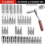 Socket Wrench Set, 53PCS 1/4 Inch Ratcheting Wrench Set And Extension Bar Gimbal Slide Bar Extension Sockets, Set For Automotive Repair And Home Use.